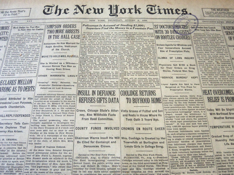 1926 AUGUST 5 NEW YORK TIMES - COOLIDGE RETURNS TO BOYHOOD HOME - NT 6540