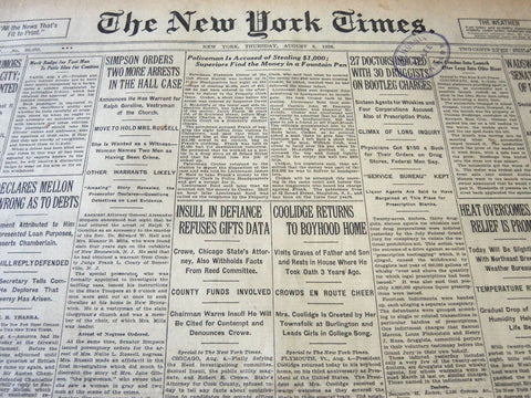 1926 AUGUST 5 NEW YORK TIMES - COOLIDGE RETURNS TO BOYHOOD HOME - NT 6540