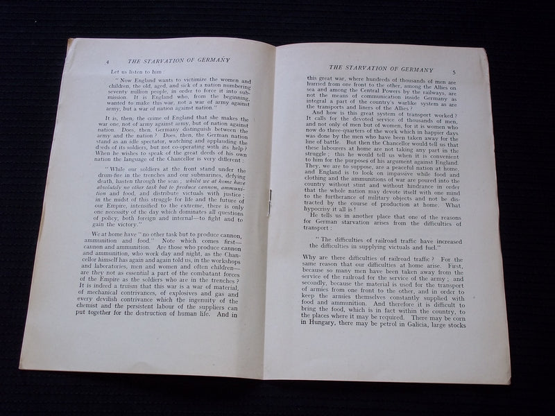 1917 THE STARVATION OF GERMANY SOFTCOVER BOOK BY J. W. HEADLAM - J 7144