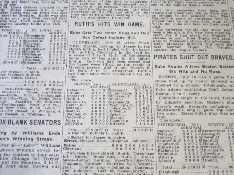 1919 JULY 19 NEW YORK TIMES - BABE RUTH'S HITS WIN GAME - NT 6229