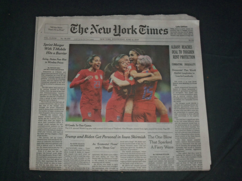 2019 JUNE 12 NEW YORK TIMES - U.S. WOMEN'S SOCCER TEAM WINS 13-0 IN WORLD CUP