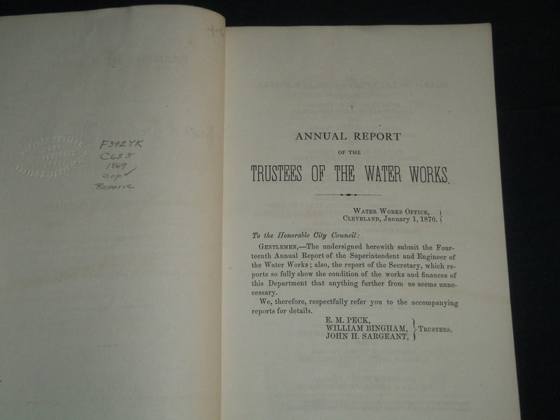1870 CITY OF CLEVELAND WATER WORKS 14TH ANNUAL REPORT FOR THE YEAR 1869 - J 4489