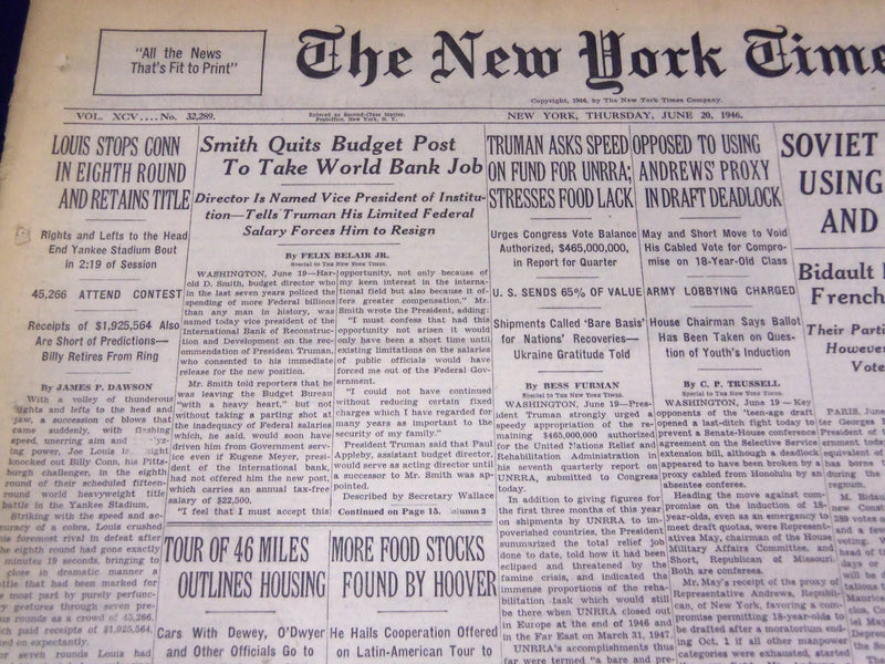 1946 JUNE 20 NEW YORK TIMES -LOUIS STOPS CONN IN 8TH ROUND RETAINS TITLE- NT 861