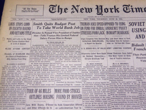 1946 JUNE 20 NEW YORK TIMES -LOUIS STOPS CONN IN 8TH ROUND RETAINS TITLE- NT 861