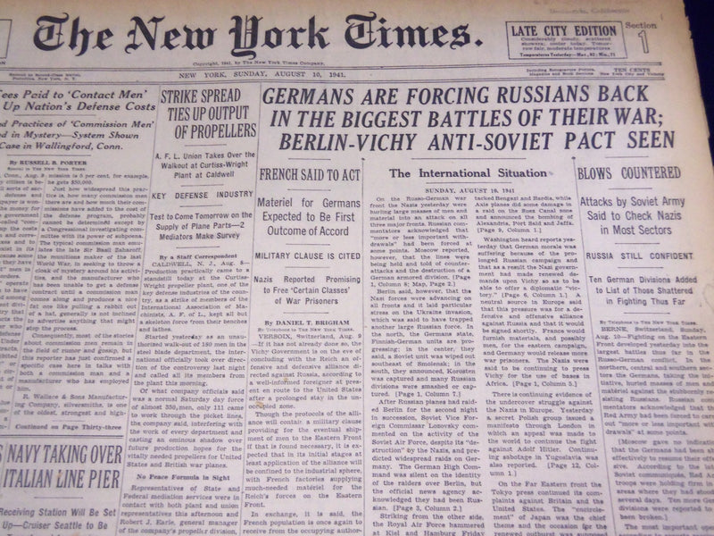 1941 AUGUST 10 NEW YORK TIMES - BERLIN-VICHY ANTI SOVIET PACT SEEN - NT 1427