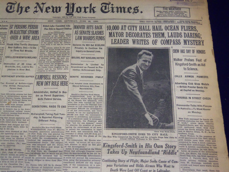 1930 JUNE 28 NEW YORK TIMES - 10,000 AT CITY HALL HAIL OCEAN FLIERS - NT 1653