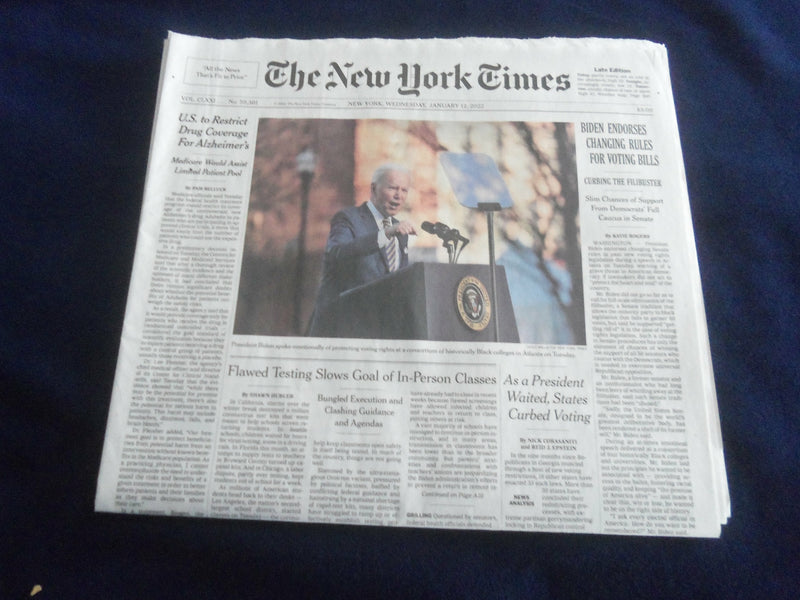 2022 JANUARY 12 NEW YORK TIMES - BIDEN ENDORSES CHANGING RULES FOR VOTING BILLS