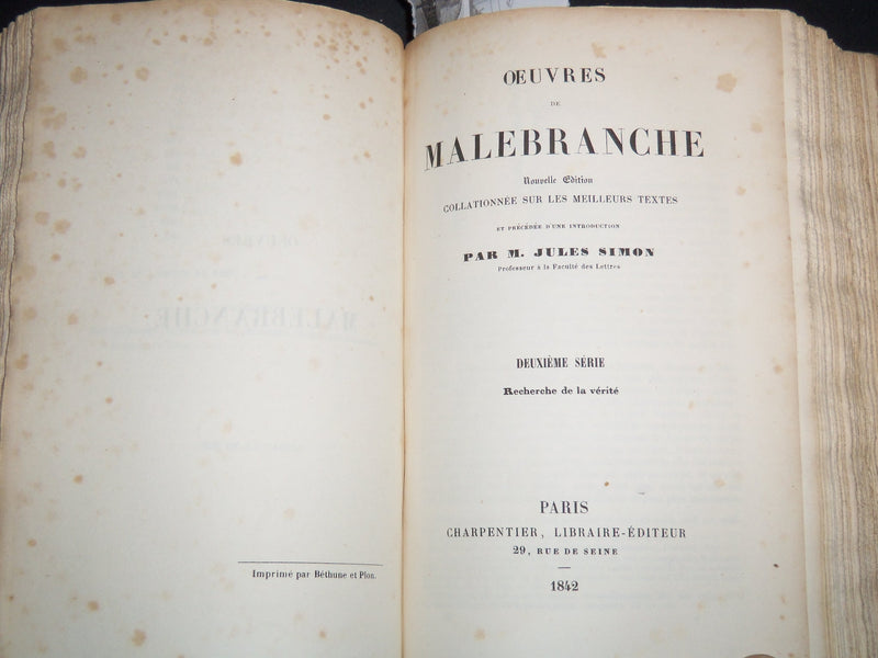 1842 OEUVRES DE MALEBRANCHE VOLUME BY JULES SIMON - FRENCH - KD 4815B
