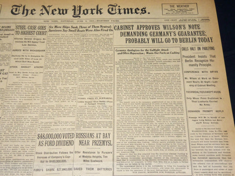 1915 JUNE 5 NEW YORK TIMES NEWSPAPER - CABINET APPROVES WILSON'S NOTE - NT 7695