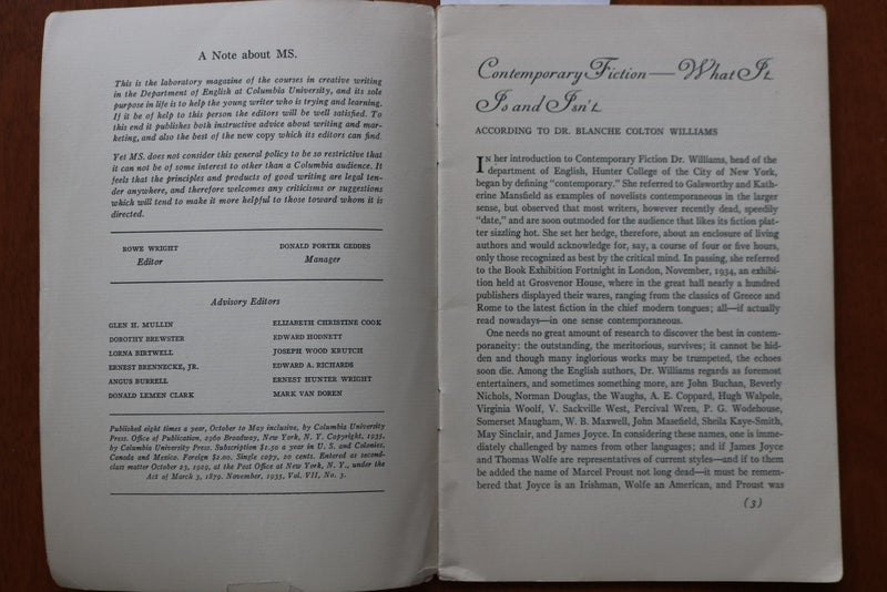 1935 NOVEMBER MS., A MAGAZINE FOR WRITERS - SOFTCOVER BOOK - K 3168