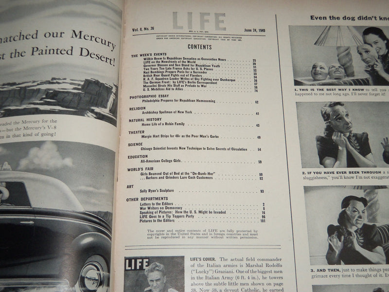 1940 JUNE 24 LIFE MAGAZINE - ITALY'S MARSHALL RODOLFO GRAZIANI COVER - L 188