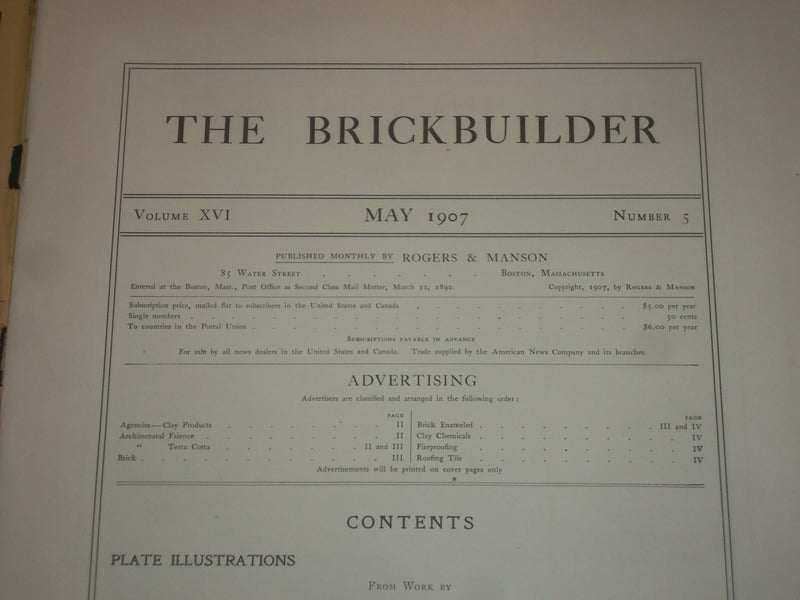 1907 MAY THE BRICKBUILDER MAGAZINE - AN ARCHITECTURAL MONTHLY - ST 528T