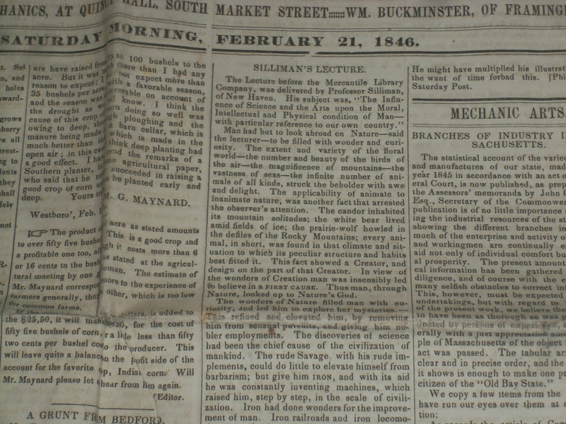 1846 FEBRUARY 21 MASSACHUSETTS PLOUGHMAN NEWSPAPER - SILLIMAN'S LECTURE- NP 5119