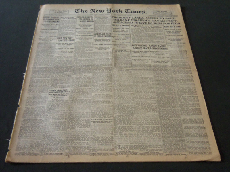 1919 MARCH 14 NEW YORK TIMES - PRESIDENT LANDS SPEEDS TO PARIS - NT 6427