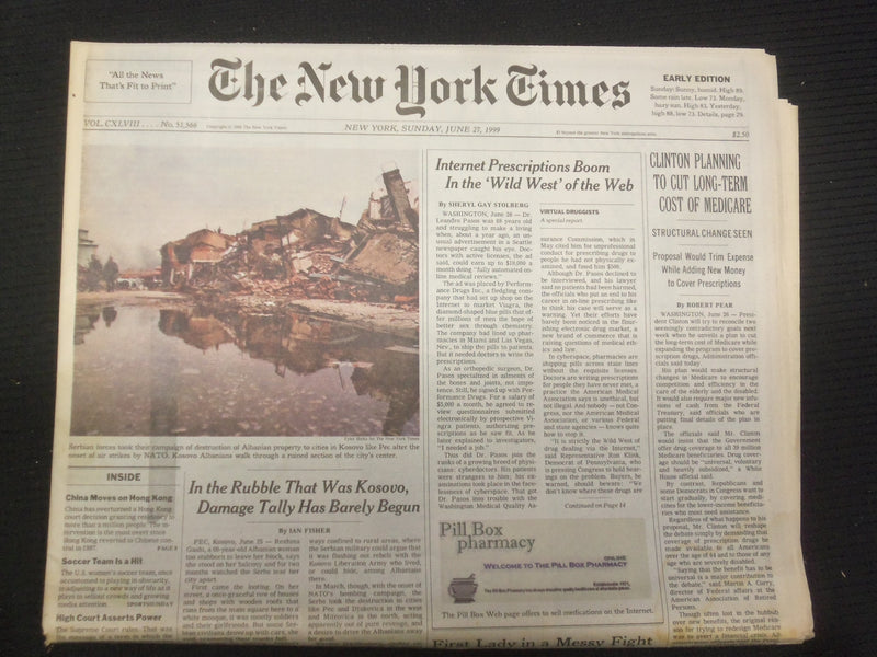 1999 JUNE 27 NEW YORK TIMES NEWSPAPER - CLINTON TO CUT COST OF MEDICARE- NP 6992