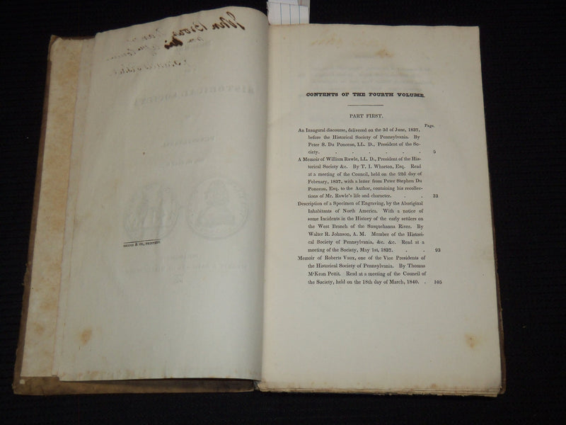 1840 MEMOIRS OF THE HISTORICAL SOCIETY OF PENNSYLVANIA VOLUME 4 PART 1 - KD 7799