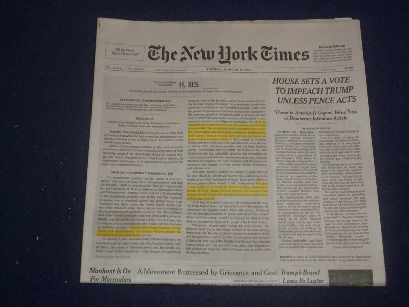 2021 JAN 12 NEW YORK TIMES- HOUSE SETS A VOTE TO IMPEACH TRUMP UNLESS PENCE ACTS