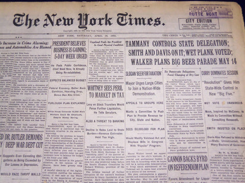 1932 APRIL 16 NEW YORK TIMES - WALKER PLANS BIG BEER PARADE - NT 4008