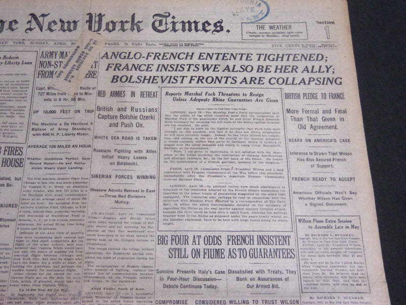 1919 APRIL 20 NEW YORK TIMES - ANGLO-FRENCH ENTENTE TIGHTENED - NT 6977