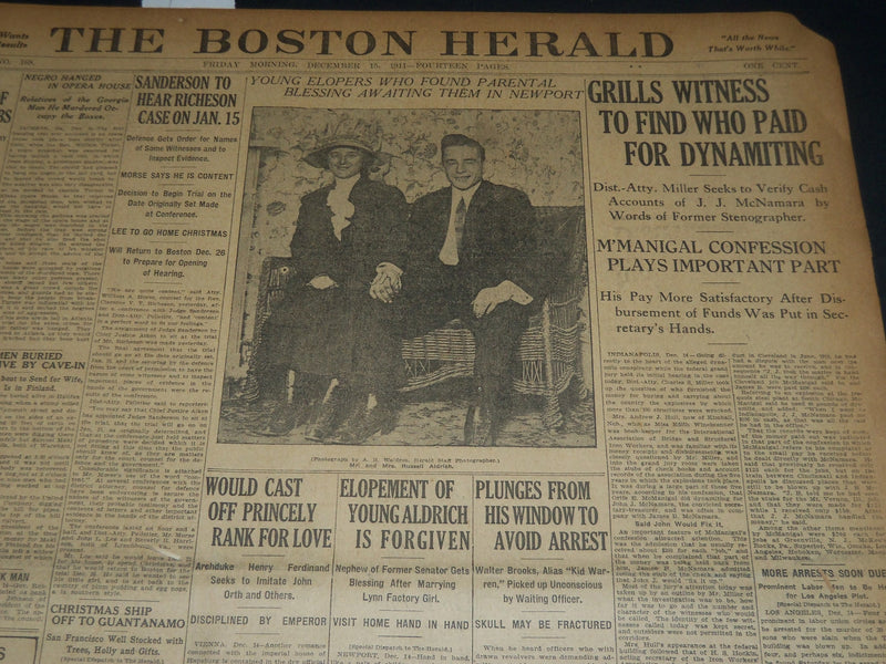 1911 DECEMBER 15 THE BOSTON HERALD - GRILLS WITNESS FOR DYNAMITING - BH 181