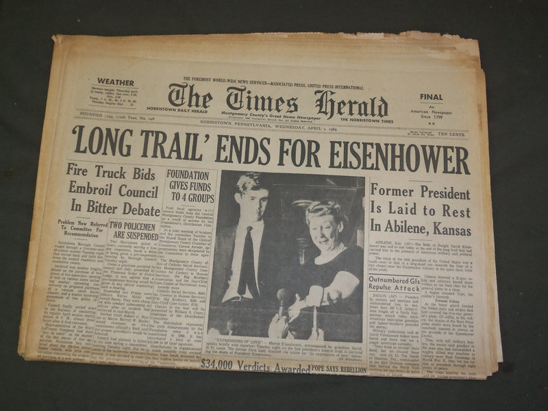 1969 APRIL 2 THE TIMES HERALD NEWSPAPER - EISENHOWER LAID TO REST - NP 3204