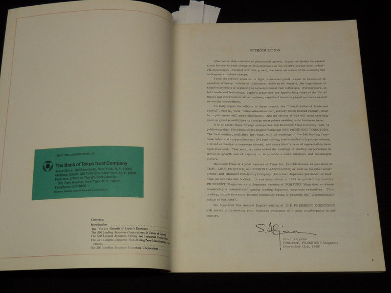1968 THE PRESIDENT DIRECTORY - SOFTCOVER - BANK OF TOKYO - SP 3136D