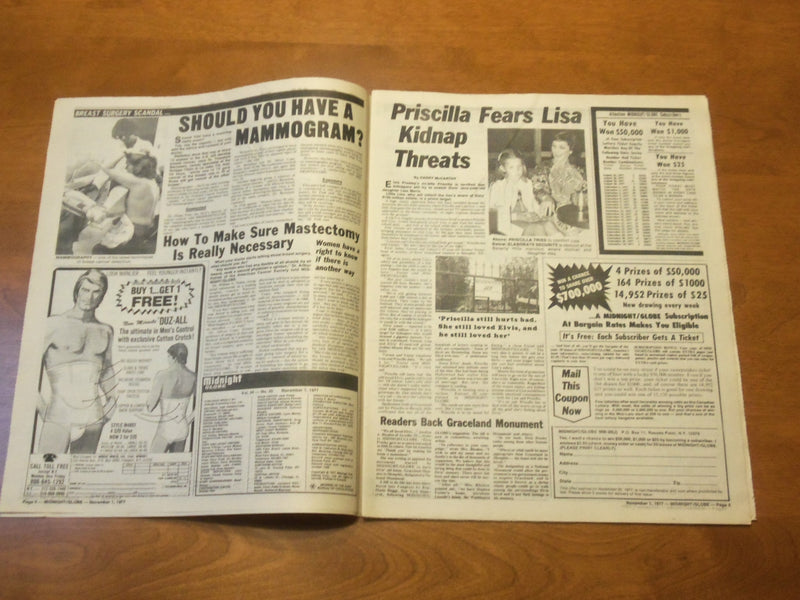 1977 NOVEMBER 1 MIDNIGHT GLOBE NEWSPAPER - ELVIS' FAMILY SPEAKS - NP 4734