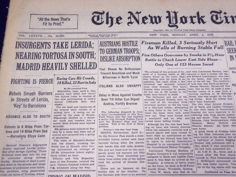1938 APRIL 4 NEW YORK TIMES - INSURGENTS TAKE LERIDA, MADRID SHELLED - NT 709