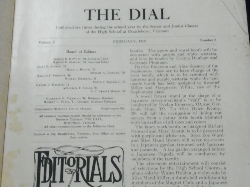 1909-1910 THE DIAL BRATTLEBORO HIGH SCHOOL MAGAZINE LOT OF 6 - INFO. - O 2342