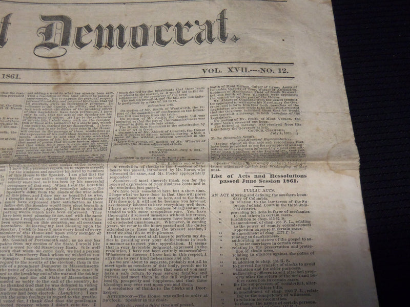 1861 JULY 11 THE INDEPENDENT DEMOCRAT NEWSPAPER - LINCOLN'S MESSAGE - K 74