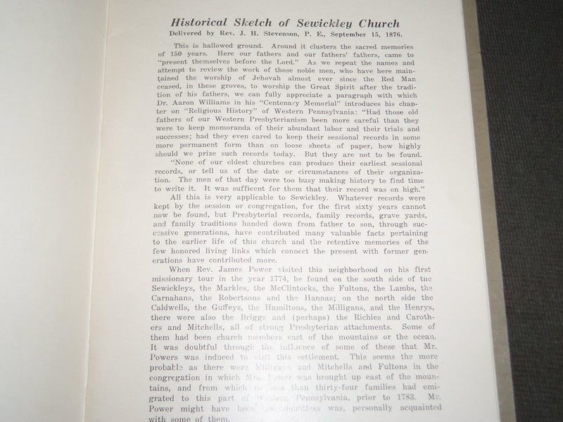 1926 THE SEWICKLEY PRESBYTERIAN CHURCH HISTORICAL SKETCH MAGAZINE - J 2809