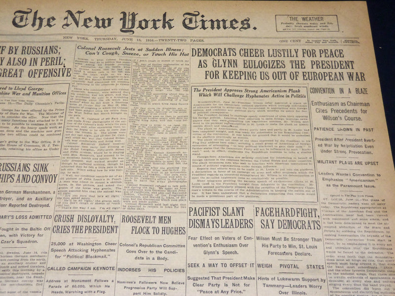 1916 JUNE 15 NEW YORK TIMES - DEMOCRATS CHEER LUSTILY FOR PEACE - NT 8614