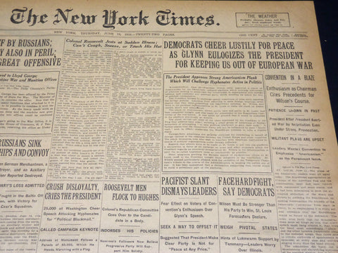 1916 JUNE 15 NEW YORK TIMES - DEMOCRATS CHEER LUSTILY FOR PEACE - NT 8614