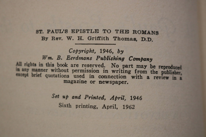 1962 ST. PAUL'S EPISTLE TO THE ROMANS HARDCOVER BOOK BY W.H. THOMAS - KD 9680