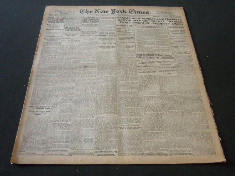 1919 JUNE 9 NEW YORK TIMES - MAGYAR REDS MURDER 3,000 PEASANTS - NT 6422