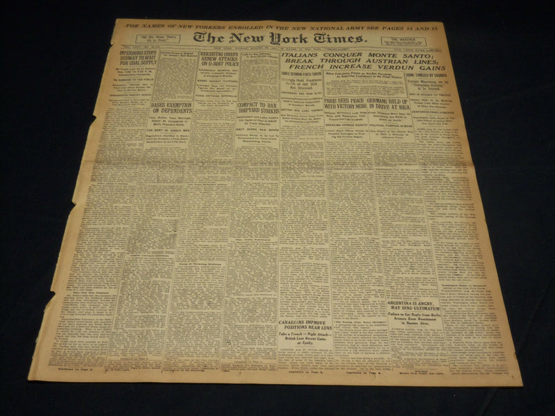 1917 AUGUST 26 NEW YORK TIMES - ITALIANS CONQUER MONTE SANTO - NT 8520