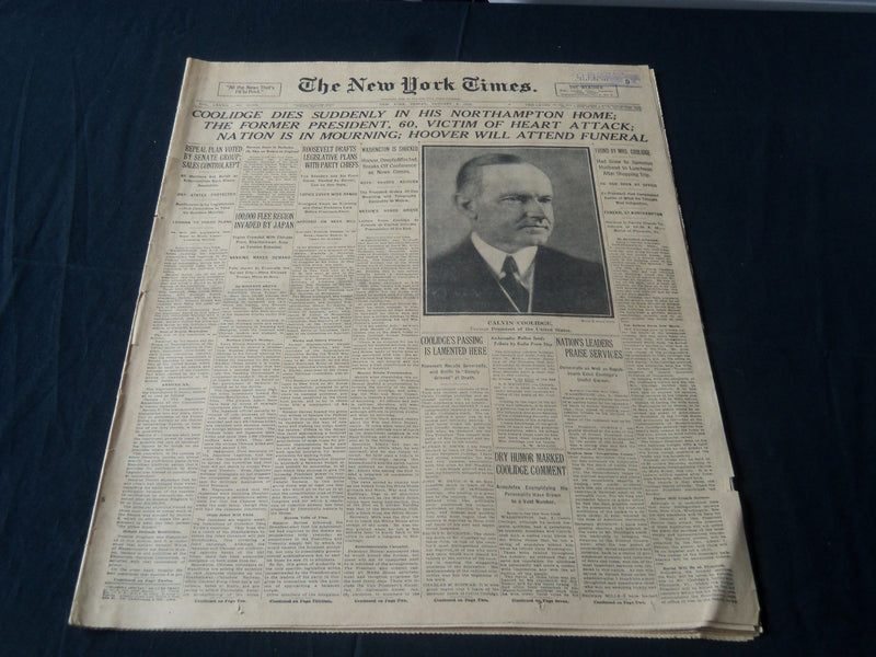 1933 JANUARY 6 NEW YORK TIMES - COOLIDGE DIES SUDDENLY NORTHAMPTON HOME- NT 7221