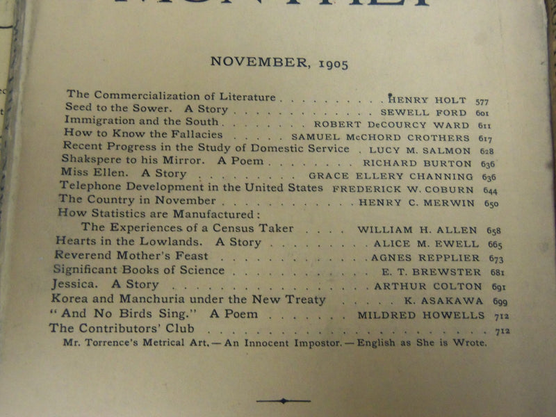 1905-1906 THE ATLANTIC MONTHLY MAGAZINE LOT 11 - STORIES & ARTICLES - WR 341Q