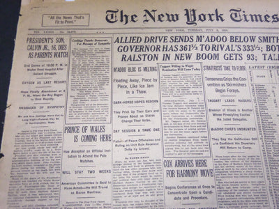 1924 JULY 8 NEW YORK TIMES - PRESIDENT'S SON 16 DIES, SMITH AHEAD - NT 5075