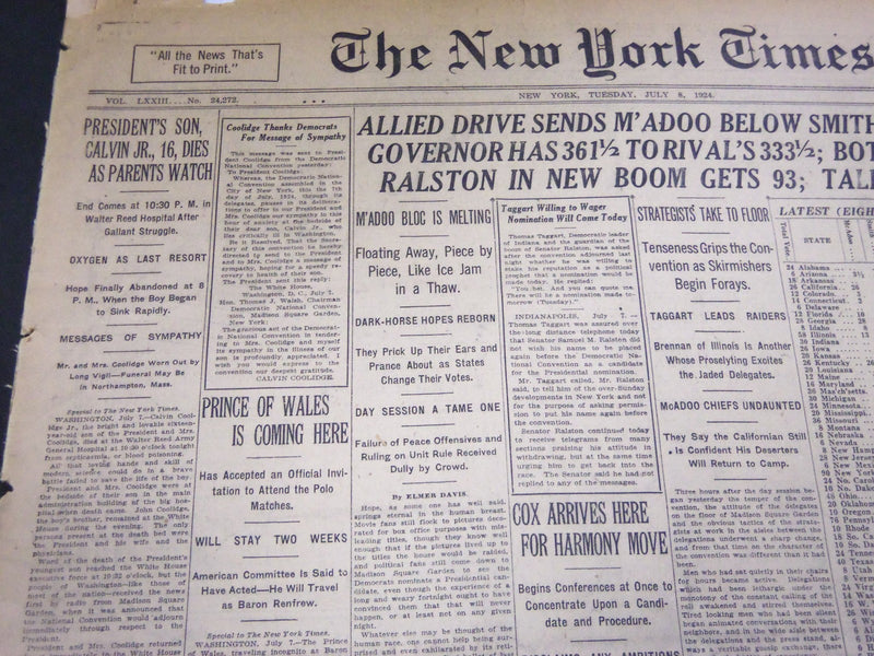 1924 JULY 8 NEW YORK TIMES - PRESIDENT'S SON 16 DIES, SMITH AHEAD - NT 5075