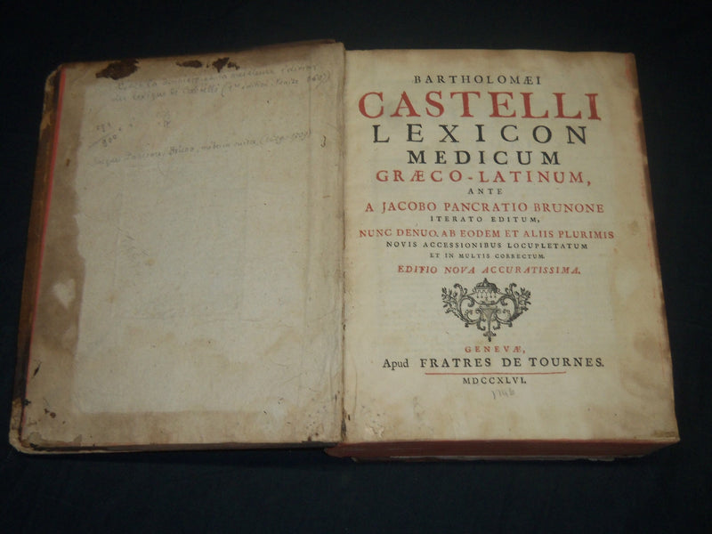 1746 BARTHOLOMAEI CASTELLI LEXICON MEDICUM VOLUME - LATIN - KD 1930