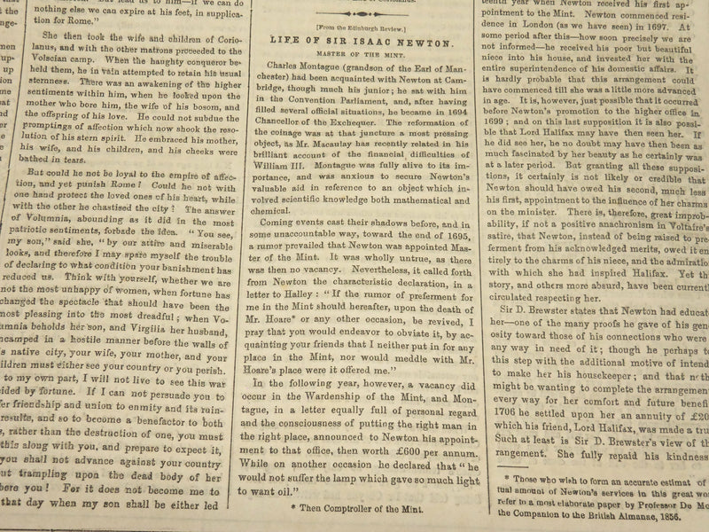 1856 SEPTEMBER 13 LIFE ILLUSTRATED NEWSPAPER - LIFE OF ISAAC NEWTON - NP 4814