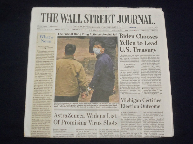 2020 NOV 24 THE WALL STREET JOURNAL - BIDEN CHOOSES YELLEN TO LEAD U.S. TREASURY