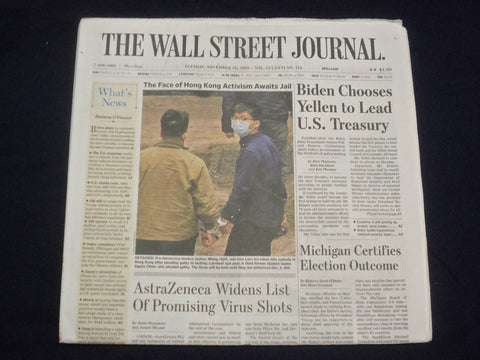 2020 NOV 24 THE WALL STREET JOURNAL - BIDEN CHOOSES YELLEN TO LEAD U.S. TREASURY
