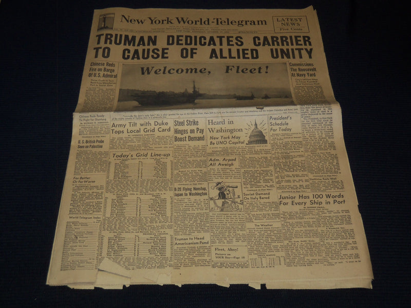 1945 OCTOBER 27 NEW YORK WORLD TELEGRAM - TRUMAN DEDICATES CARRIER - NP 4252N