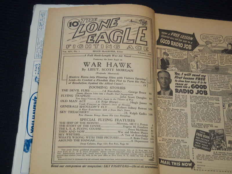 1937 FEBRUARY THE LONE EAGLE FIGHTING ACE PULP MAGAZINE - DEVIL FLIES - ST 998E