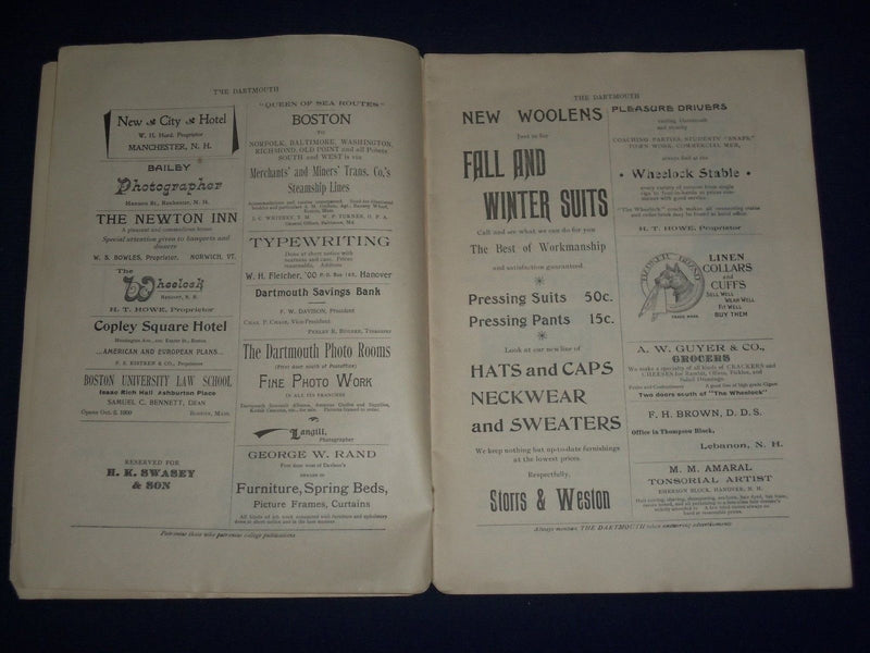 1899 NOVEMBER 10 THE DARTMOUTH MAGAZINE VOLUME 21 ISSUE NO. 8 - ADS - II 9538