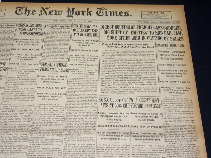 1920 MAY 21 NEW YORK TIMES NEWSPAPER - DIRECT ROUTING OF FREIGHT CARS - NT 8687