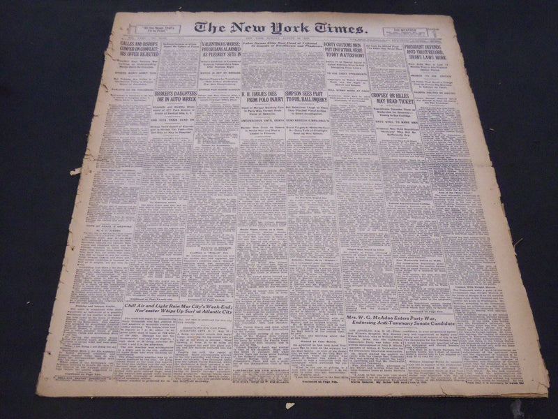 1926 AUGUST 22 NEW YORK TIMES - VALENTINO IS WORSE PLEURISY SETS IN - NT 5298