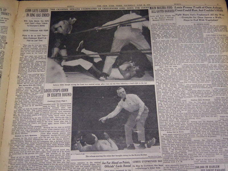 1946 JUNE 20 NEW YORK TIMES -LOUIS STOPS CONN IN 8TH ROUND RETAINS TITLE- NT 861